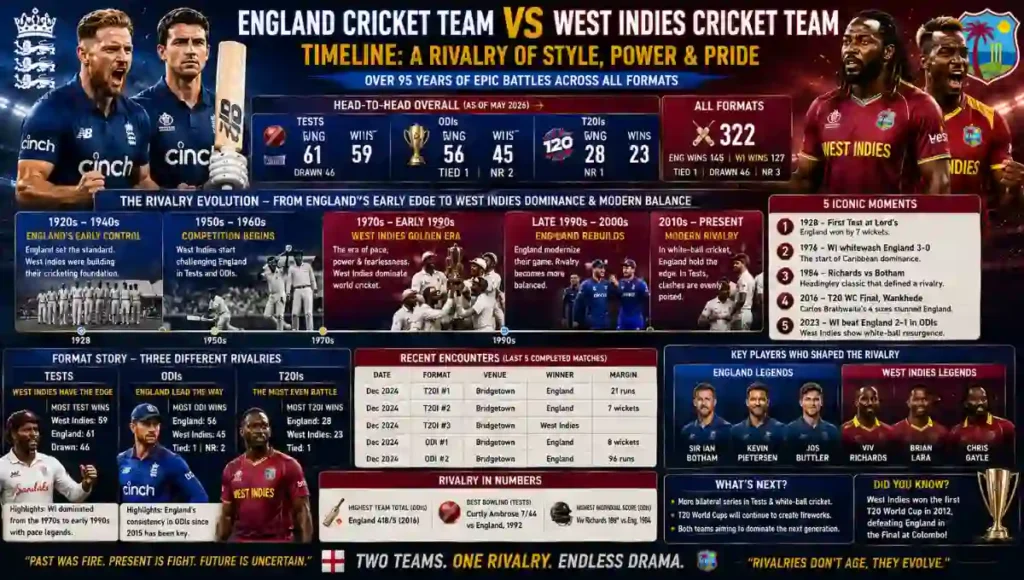 England Cricket Team vs West Indies Cricket Team Timeline