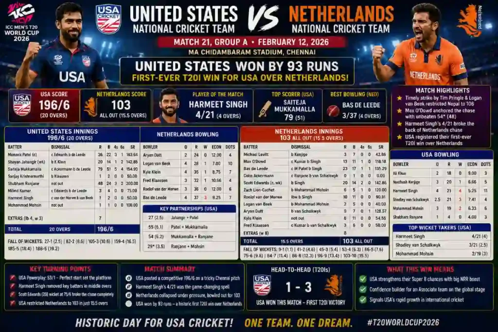 United States National Cricket Team vs Netherlands National Cricket Team Match Scorecard